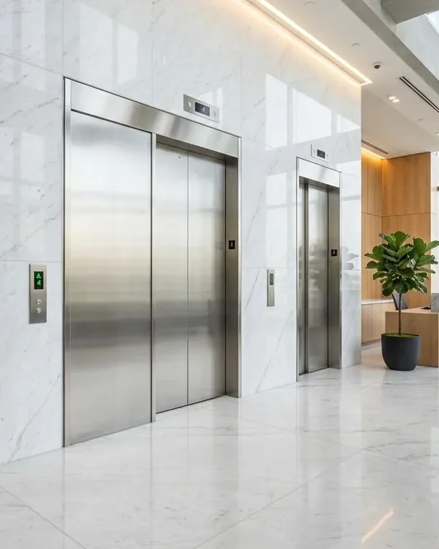 FUJI passenger elevators in an office building lobby